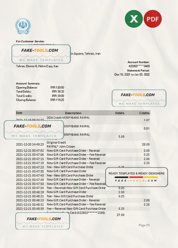 Iran Bank Sepah bank statement Excel and PDF template scan effect