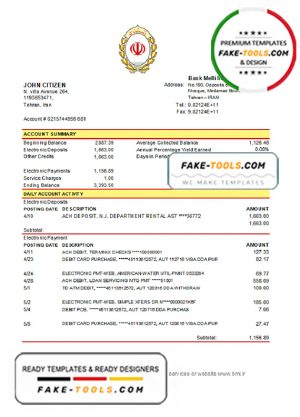 Iran Melli Bank statement template in .xls and .pdf file format Iran Melli Bank statement template in .xls and .pdf file format