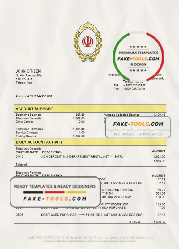 Iran Melli Bank statement template in Word and PDF format, good for address prove scan effect