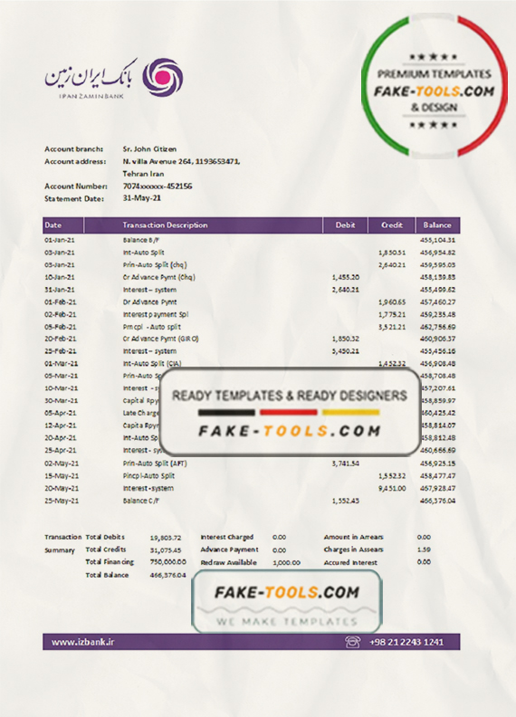 Iran Zamin Bank statement template in Excel and PDF format scan effect