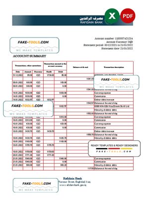 Iraq Rafidain Bank statement Excel and PDF template Iraq Rafidain Bank statement Excel and PDF template