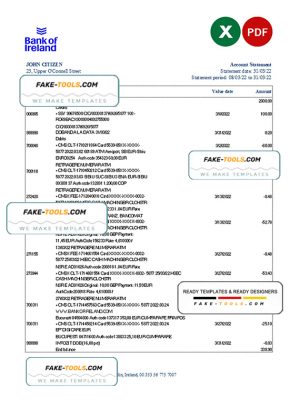 Ireland Bank of Ireland bank statement Excel and PDF template Ireland Bank of Ireland bank statement Excel and PDF template
