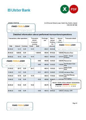 Ireland Ulster Bank statement Excel and PDF template Ireland Ulster Bank statement Excel and PDF template