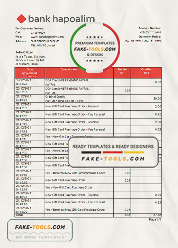 Israel Bank Hapoalim bank statement easy to fill template in .xls and .pdf file format scan effect
