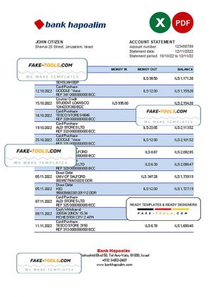Israel Hapoalim bank statement Excel and PDF template Israel Hapoalim bank statement Excel and PDF template