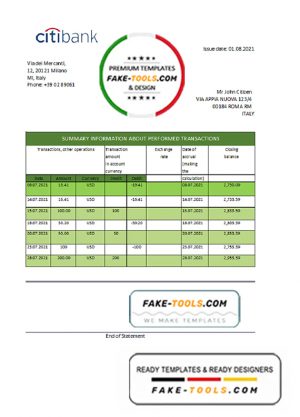 Italy Citibank bank statement easy to fill template in .xls and .pdf file format Italy Citibank bank statement easy to fill template in .xls and .pdf file format
