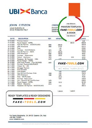 Italy UBI BANCA bank statement template in Word and PDF format, fully editable