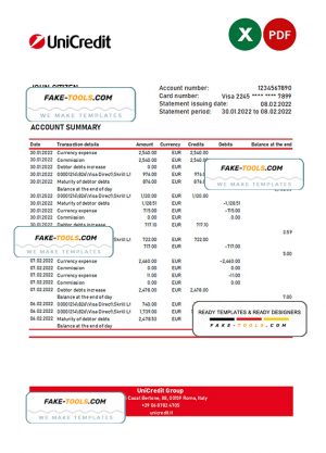 Italy Unicredit bank statement Excel and PDF template