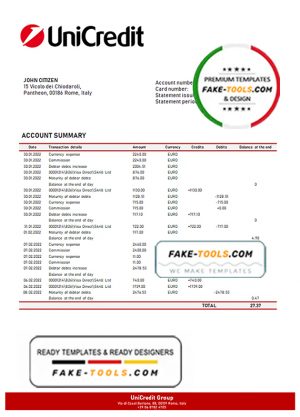 Italy Unicredit statement template in .doc and .pdf format, fully editable