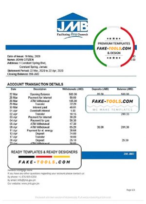 Jamaica Mortgage Bank statement template, Word and PDF format (.doc and .pdf)