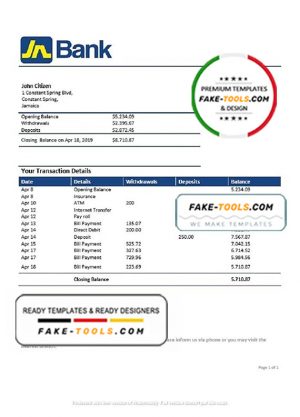 Jamaica National Bank proof of address statement template in Word and PDF format