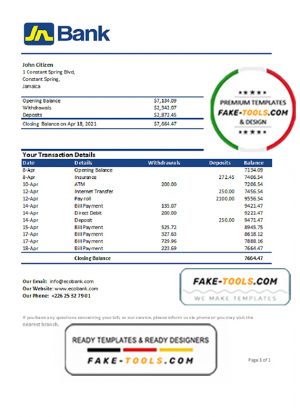 Jamaica National Bank statement easy to fill template in .xls and .pdf file format