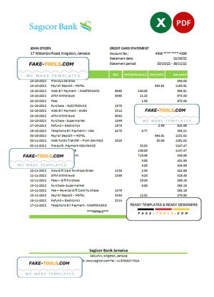 Jamaica Sagicor bank statement Excel and PDF template