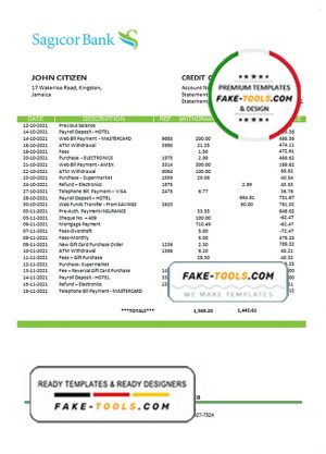Jamaica Sagicor Bank statement template, Word and PDF format (.doc and .pdf)