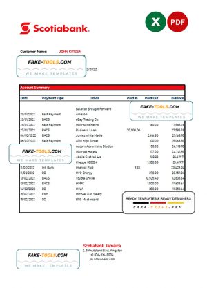 Jamaica Scotiabank bank statement Excel and PDF template