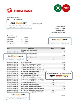 Japan Chiba bank statement Excel and PDF template
