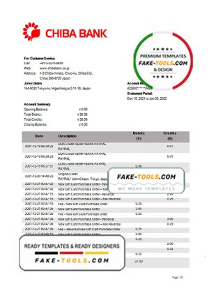 Japan Chiba bank statement template in Word and PDF format