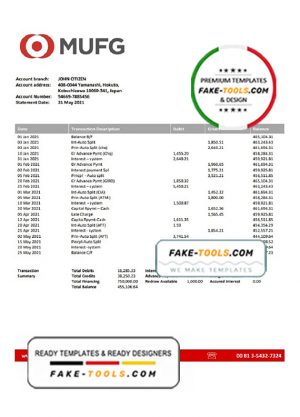 Japan MUFG bank statement template in Excel and PDF format