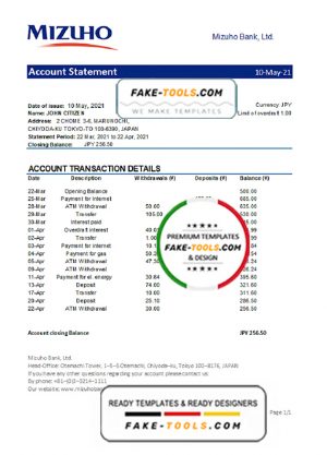 Japan Mizuho bank statement template in .xls and .pdf file format
