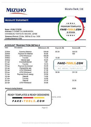 Japan Mizuho Bank statement template in Word and PDF format, good for address prove