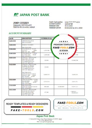 Japan Post Bank statement template in Word and PDF format, good for address prove