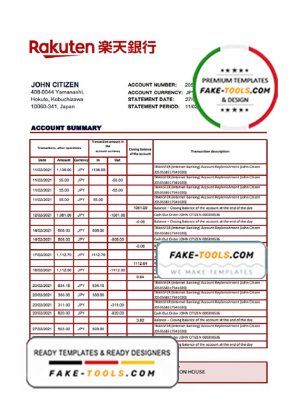 Japan Rakuten bank statement template in Excel and PDF format