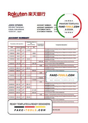 Japan Rakuten bank statement template in Word and PDF format