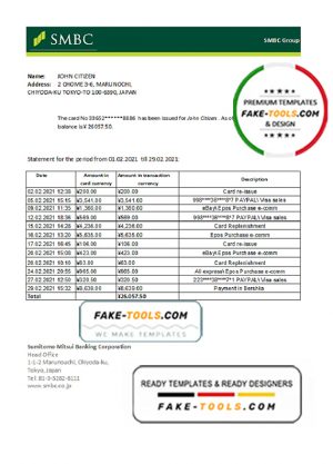 Japan Sumitomo Mitsui Banking Corporation (SMBC) bank statement easy to fill template in .xls and .pdf file format