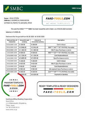 Japan Sumitomo Mitsui Banking Corporation (SMBC) bank statement template in Word and PDF format