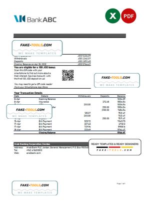 Jordan ABC bank statement Excel and PDF template