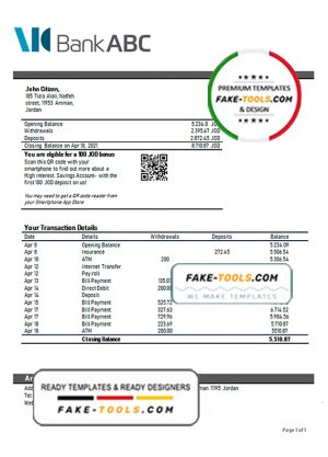 Jordan ABC proof of address bank statement template in Word and PDF format
