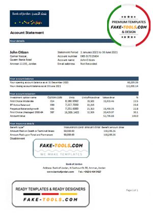 Jordan Bank of Jordan bank statement easy to fill template in .xls and .pdf file format