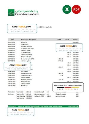 Jordan Cairo Amman bank statement Excel and PDF template Jordan Cairo Amman bank statement Excel and PDF template