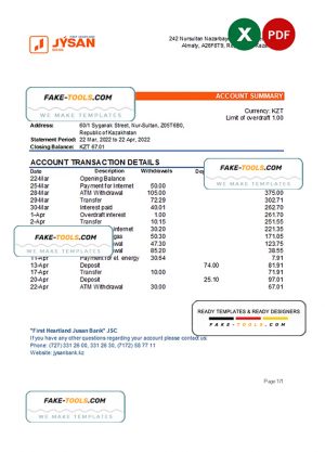 Kazakhstan First Heartland Jusan bank statement Excel and PDF template Kazakhstan First Heartland Jusan bank statement Excel and PDF template