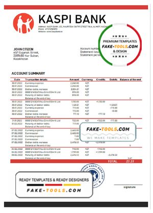 Kazakhstan Kaspi bank proof of address statement template in Word and PDF format Kazakhstan Kaspi bank proof of address statement template in Word and PDF format