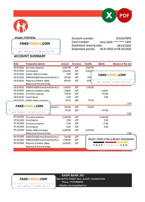 Kazakhstan Kaspi bank statement Excel and PDF template Kazakhstan Kaspi bank statement Excel and PDF template