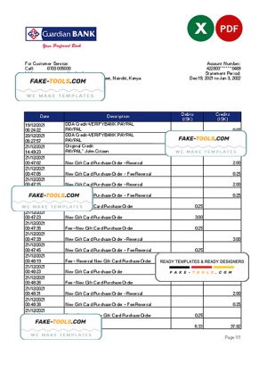 Kenya Guardian Bank statement Excel and PDF template Kenya Guardian Bank statement Excel and PDF template