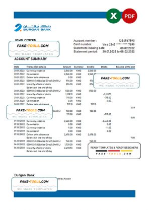 Kuwait Burgan bank statement Excel and PDF template Kuwait Burgan bank statement Excel and PDF template