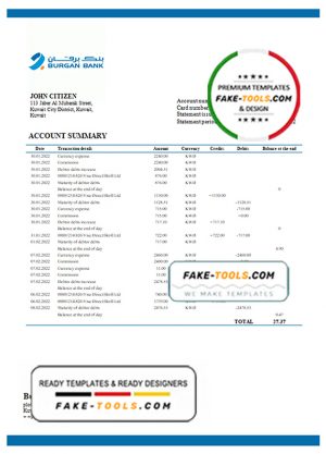 Kuwait Burgan bank statement template in Word and PDF format, fully editable Kuwait Burgan bank statement template in Word and PDF format, fully editable