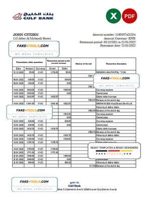 Kuwait Gulf bank statement Excel and PDF template Kuwait Gulf bank statement Excel and PDF template