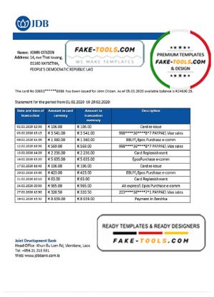 Laos Joint Development Bank (JDB) proof of address bank statement template in Word and PDF format Laos Joint Development Bank (JDB) proof of address bank statement template in Word and PDF format