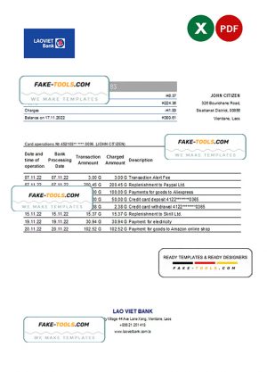 Laos Lao Viet bank statement Excel and PDF template Laos Lao Viet bank statement Excel and PDF template