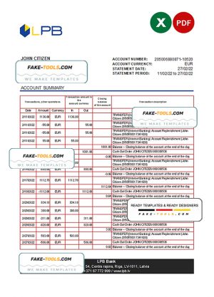 Latvia LPB bank statement Excel and PDF template Latvia LPB bank statement Excel and PDF template