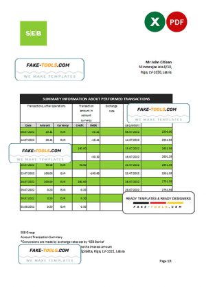 Latvia SEB bank statement Excel and PDF template