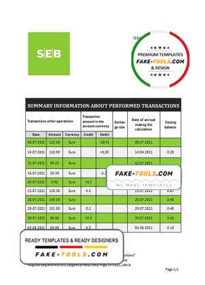 Latvia SEB bank statement template, Word and PDF format (.doc and .pdf)