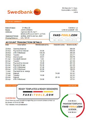 Latvia Swedbank bank statement easy to fill template in .xls and .pdf file format