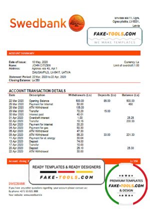 Latvia Swedbank bank statement template, Word and PDF format (.doc and .pdf)