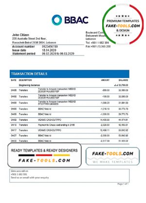 Lebanon BBAC Bank proof of address statement template in Word and PDF format