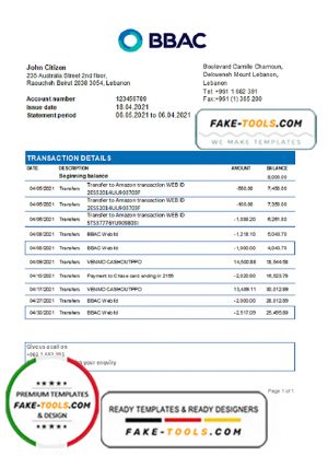 Lebanon BBAC Bank statement easy to fill template in .xls and .pdf file format