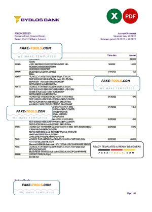 Lebanon Byblos bank statement Excel and PDF template